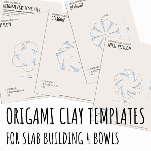 Origami pottery template to create 4 different bowls/plates in multiple sizes simple shapes pentagon, hexagon, hexagon circle, octagon
