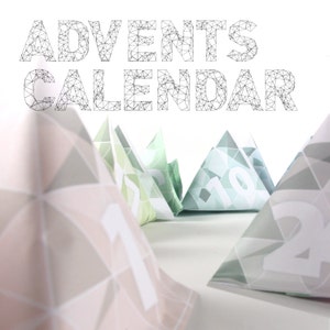 Printable advent calendar DIY christmas calendar low poly design with matching wrapping paper papercraft party favors