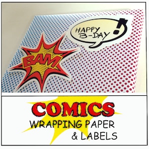 Hero Comic theme gift wrapping paper and labels papercraft party favors