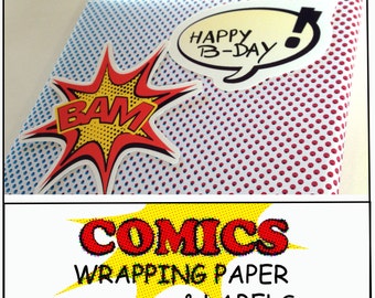 Hero Comic theme gift wrapping paper and labels papercraft party favors