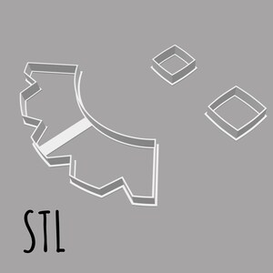 May include: A white plastic cookie cutter in the shape of a gear with two smaller square cookie cutters. The text "STL" is written below the gear.