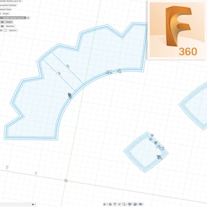 May include: A computer screen displaying a 3D modeling software interface with a blue and white gear shape on a grid background. The software is called "F 360".