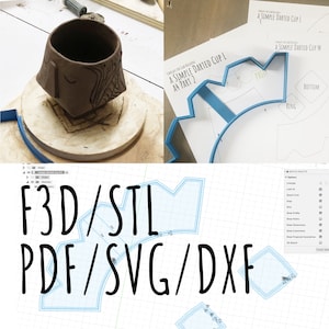Darted cup 3d print template for a claycutter used for slab building svg/dxf, pdf, stl and fusion360