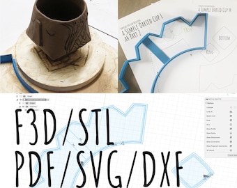 Darted cup 3d print template for a claycutter used for slab building svg/dxf, pdf, stl and fusion360