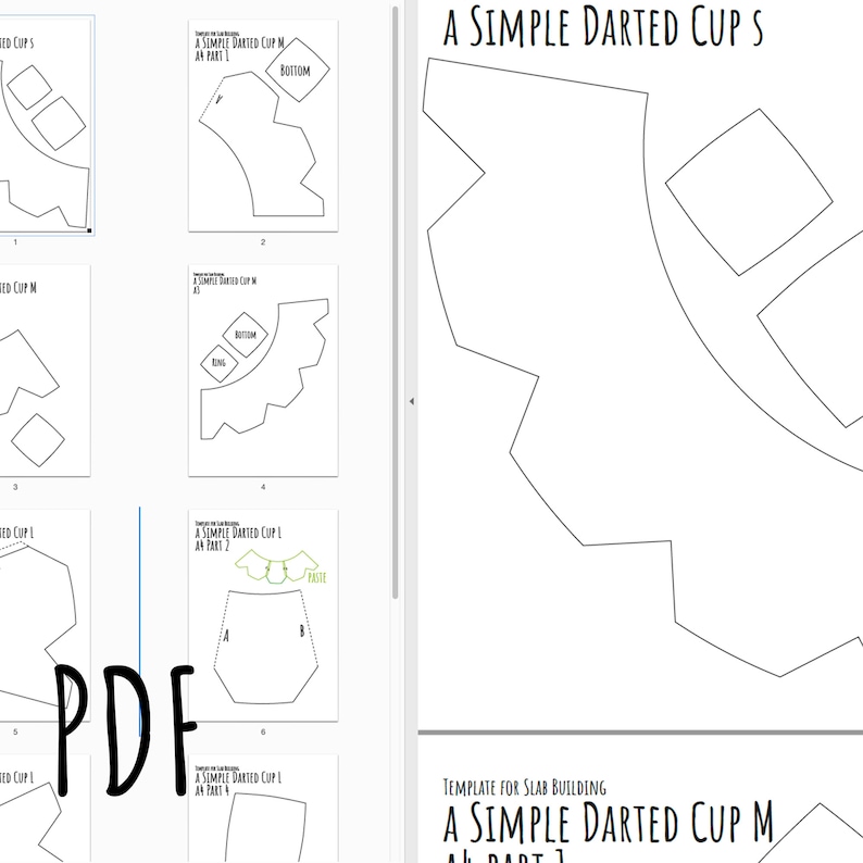 May include: A PDF template for slab building, featuring a simple darted cup design. The pages display various parts of the cup, labeled with text such as "Bottom" and "Base". The title "A Simple Darted Cup" is prominently displayed.