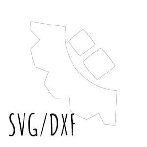 May include: A black and white digital design featuring a stylized gear shape with two square elements. The text "SVG/DXF" is written in a handwritten style font below the gear.