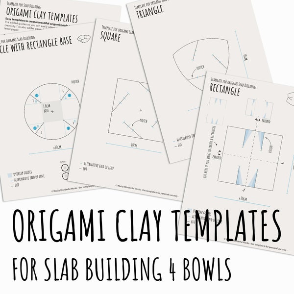 Origami pottery template to create 4 different bowls/plates in multiple sizes simple shapes circle, square, triangle and rectangle