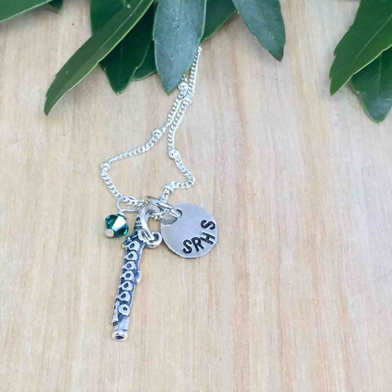 Flute Necklace Sterling Silver Charm Necklace Hand Stamp Initial