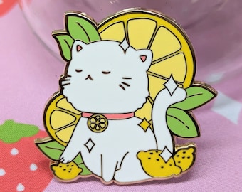 2" White Lemon Cat Fruit Kitty Enamel Pin