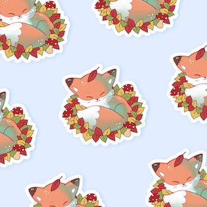 Autocollant mignon de renard endormi ~ Autocollant holographique imperméable à l’eau découpé ~ Illustrations fauves