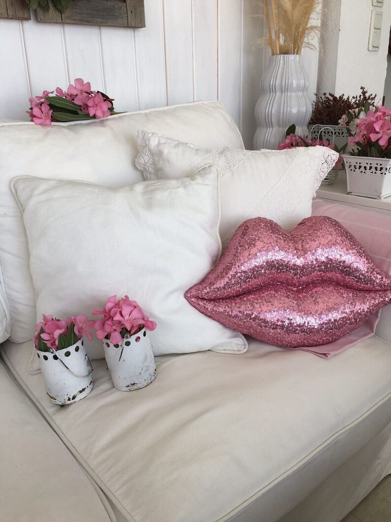 Pink Lips Pillow Pink Sequin Lips Pillow Designer Pillows Lip Etsy