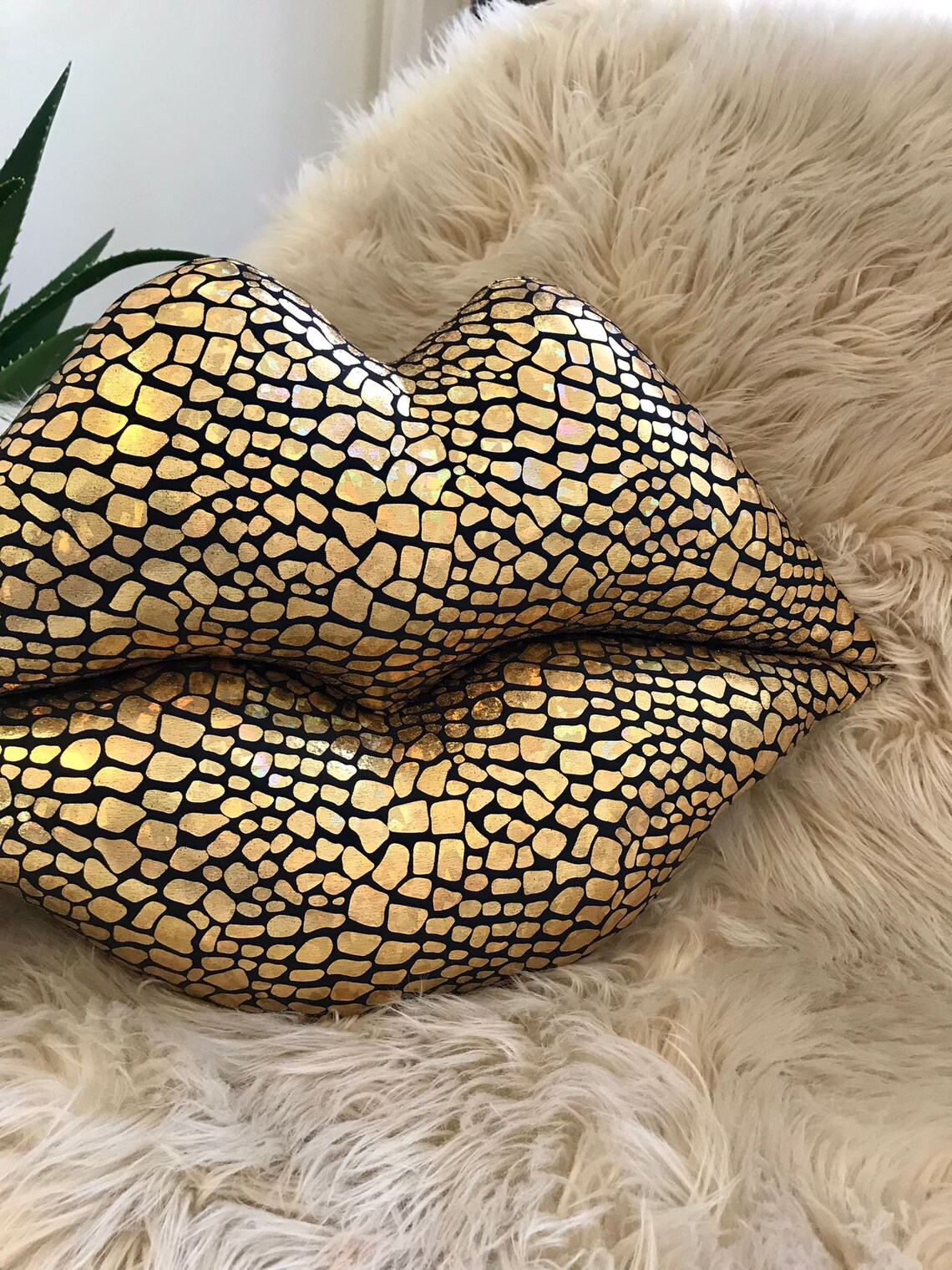 Gold Shiny Lips Pillow Lip Shaped Pillow Leather Soft Square Etsy