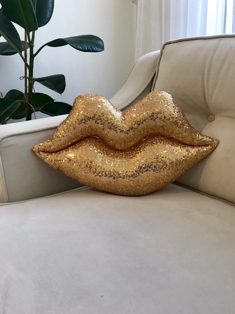 Lips Pillow Gold Sequin Lips Pillow Designer Pillows Lip Etsy