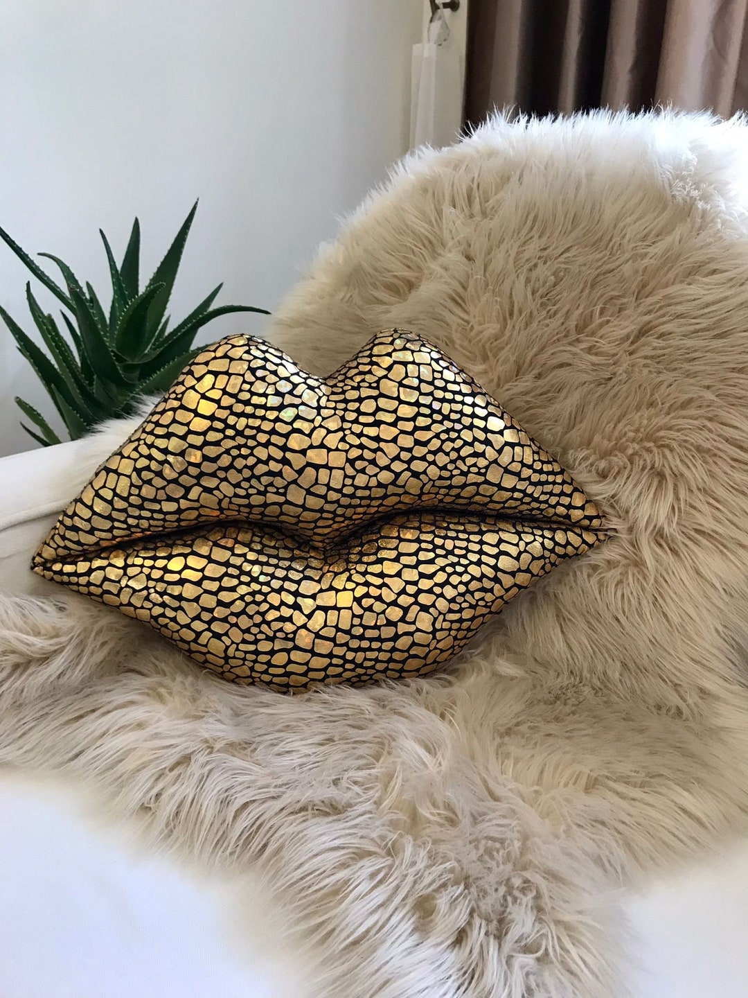 Gold Shiny Lips Pillow Lip Shaped Pillow Leather Soft Square Etsy