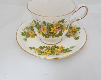 Vintage//Queen Anne Bone China England//tea cup and dish//golden edge//gorgeous flowers//high tea//missing dinnerware//