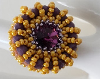 Ring, jewelry, embroidered ring, beaded ring, embroidery, beaded jewelry, handmade jewelry, adjustable ring, purple yellow