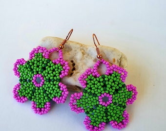 Pink, green earrings with pearls