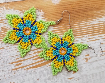 Ohrringe, amerikanischer Stil, Perlen Ohrringe, Huichol Perlen Schmuck, Huichol Ohrringe, Huichol Perlenstickerei, Multicolor Ohrringe