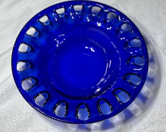 Vintage Mid-Century Modern Cobalt Blue Glass Dish with Cutouts 12x3 Inches