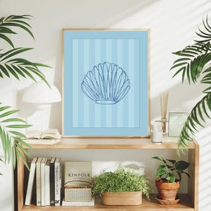 Minimal Coastal Shell Art Print | Blue Stripe Beach Decor | Nautical Wall Art Digital Download | Seaside Shell Printable Poster