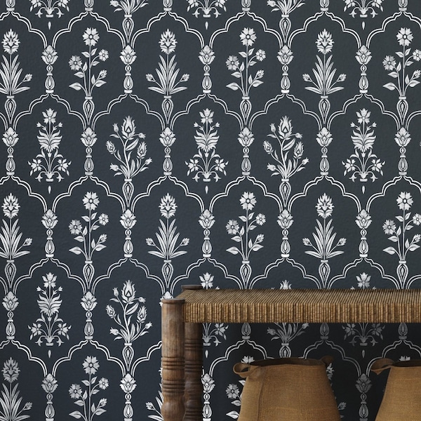 Damask Stencil for Walls - HAMEDAN Indian Stencil - Flower Moroccan Trellis Wall Stencil