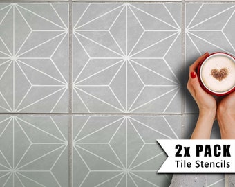 Tile Stencils for Painting Bathroom Kitchen Wall Floor Tiles and Garden Patio Slabs - KASAI by Dizzy Duck