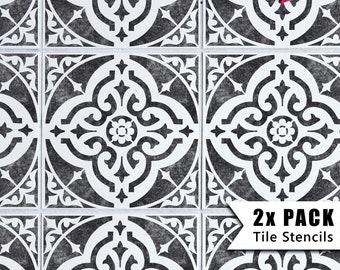 May include: Black and white tile stencils with a repeating floral pattern. The stencils are arranged in a grid, with a pair of pink high heels in the upper right corner. The text "2x PACK Tile Stencils" is visible.