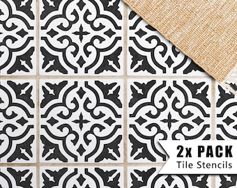 May include: Two black and white tile stencils with a geometric pattern. The stencils are on a beige surface. 2x Pack Tile Stencils.