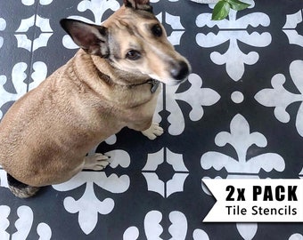 May include: A dog sits on a floor stenciled with a black and white fleur-de-lis pattern. The image includes a 2x PACK Tile Stencils graphic and a potted plant in a woven basket.