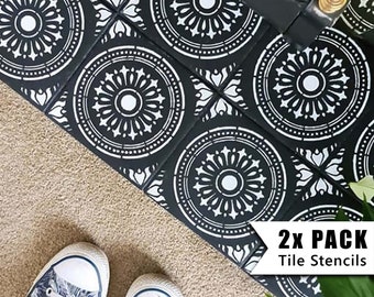 May include: Two black and white tile stencils with a circular design. The stencils are laid out on a black surface and are ready to be used for a DIY project. The text on the image reads "2x PACK Tile Stencils".
