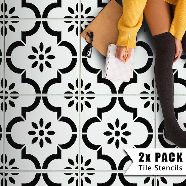 Tile Stencils for Painting Bathroom Kitchen Wall Floor Tiles and Garden Patio Slabs - JANNAH by Dizzy Duck