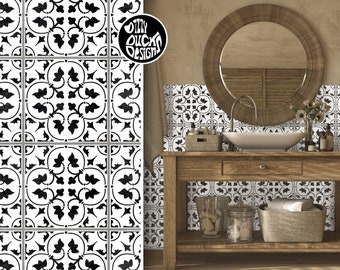May include: Black and white patterned tile decals with a floral design. The decals are shown on a bathroom wall above a wooden vanity with a sink and mirror.