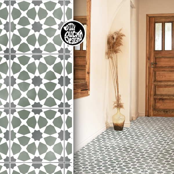 Faux Tile Stencils - Paint Tile Effect on Floors Walls Furniture Concrete Garden Patios Paths - AMIRA by Dizzy Duck