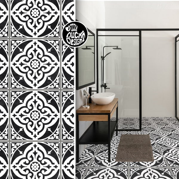 Faux Tile Stencils - Paint Tile Effect on Floors Walls Furniture Concrete Garden Patios Paths - TURIN by Dizzy Duck