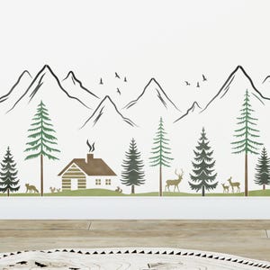 Stencil da parete per dipingere fai da te la cameretta dei bambini - Decorazione da parete con scena di foresta di montagna e animali del bosco, stencil di Dizzy Duck