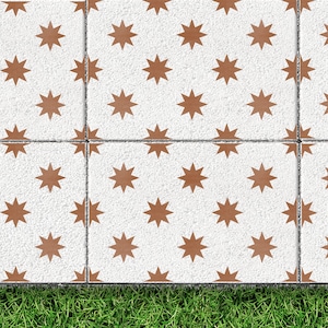 Peut inclure: Sol en carrelage blanc avec un motif répétitif d'étoiles brunes. Le sol est bordé d'une bordure brune et l'arrière-plan est de l'herbe verte.