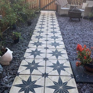 Op de afbeelding: Een tuinpad van vierkante betonnen tegels met een donkerblauw sterrenpatroon. Het pad leidt naar een houten poort en wordt begrensd door donkergrijs grind, potplanten en een zithoek. Het pad is ongeveer 76 cm breed.