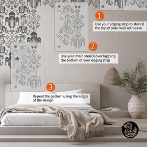 May include: A stencil design featuring elephants, palm trees, and ornate arches. The stencil is shown on a wall with instructions for using it to create a repeating pattern. The instructions include using an edging strip to stencil the top of the wall and then using the main stencil to overlap the bottom of the edging strip. The text "DILLY DESIGN" is visible in the lower right corner of the image.