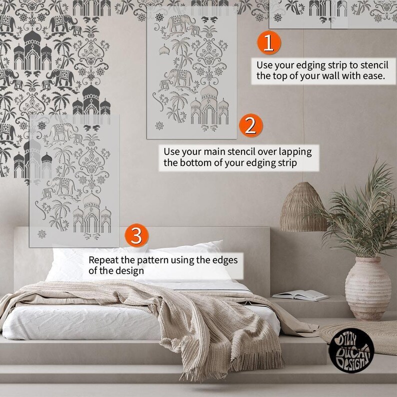 May include: A stencil design featuring elephants, palm trees, and ornate arches. The stencil is shown on a wall with instructions for using it to create a repeating pattern. The instructions include using an edging strip to stencil the top of the wall and then using the main stencil to overlap the bottom of the edging strip. The text "DILLY DESIGN" is visible in the lower right corner of the image.