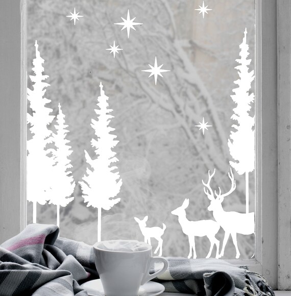 Christmas Stag Forest Scene White Cling Vinyl Window Decal Etsy