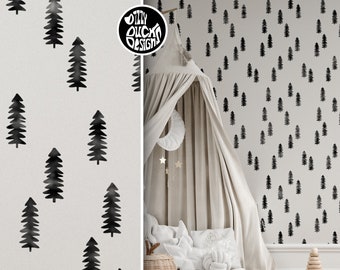 WALL STENCIL for painting Nursery Walls - Pine Tree Nordic Forest Stencil for Kids Room - Scandinavian VERMONT Wall Stencil by Dizzy Duck