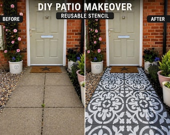 May include: A before-and-after image of a patio makeover. The "before" shows a plain concrete walkway. The "after" shows the same walkway stenciled with a decorative gray and white pattern. The text "DIY PATIO MAKEOVER REUSABLE STENCIL" is at the top.