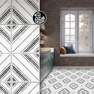 Tile Stencils for Painting Bathroom Kitchen Wall Floor Tiles and Garden Patio Slabs - Bisira by Dizzy Duck
