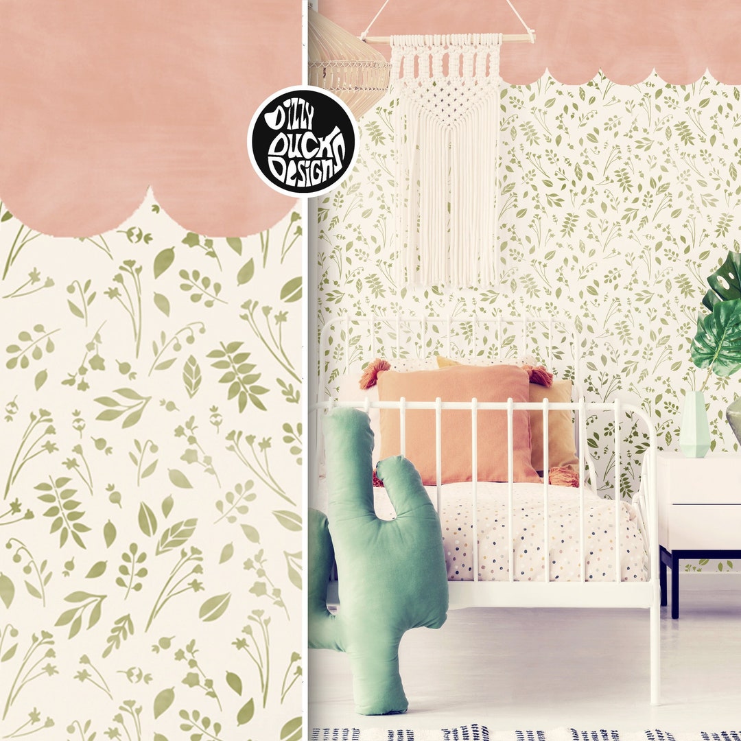 Scallop WALL STENCIL Kit Scallop Border & Woodland Forest Leaf Stencils