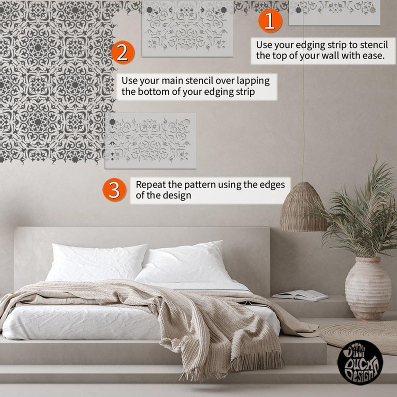 May include: A step-by-step guide on how to use a stencil to create a patterned design on a wall. The image shows a stencil being used to create a geometric pattern on a wall, with instructions on how to use the stencil to create a seamless pattern.