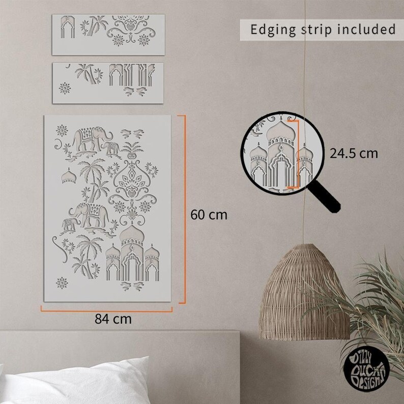 May include: A stencil for painting a decorative design featuring elephants, palm trees, and ornate arches. The stencil is 84 cm wide and 60 cm tall. Edging strip included.