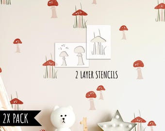 Mushroom Wall and Furniture Stencil Set - Reusable 2-layer Stencils Kids Room Woodland Nursery Stencil for Painting by Dizzy Duck Designs