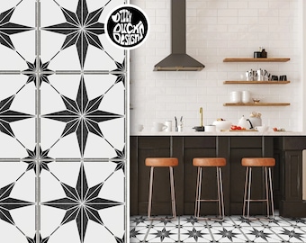 May include: Black and white starburst tile pattern floor covering. The tile pattern is repeated on the wall behind a kitchen counter with a black and white tile backsplash. The kitchen counter has a black countertop and three bar stools with brown seats.