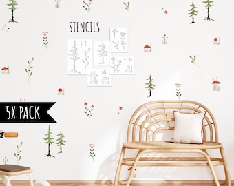 Woodland Forest Flowers Wall Stencil Set - Reusable Stencil Kit Kids Room Nature Natural Nursery Stencil for Painting by Dizzy Duck Designs