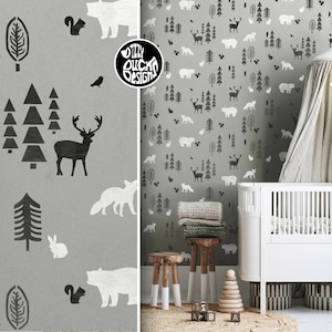 NORDIC FOREST Große Wandschablone für Gemälde von Dizzy Duck - Boho Nordic Skandinavisch - Nursey Feature Wall Stencil